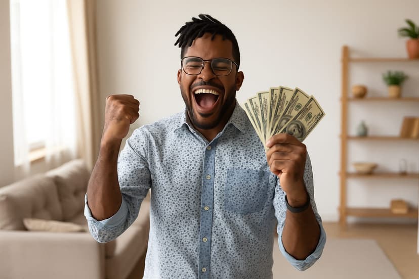 Happy young man celebrating with cash from his cash out refinance - Ultimate Mortgage helps homeowners access their home equity for major expenses