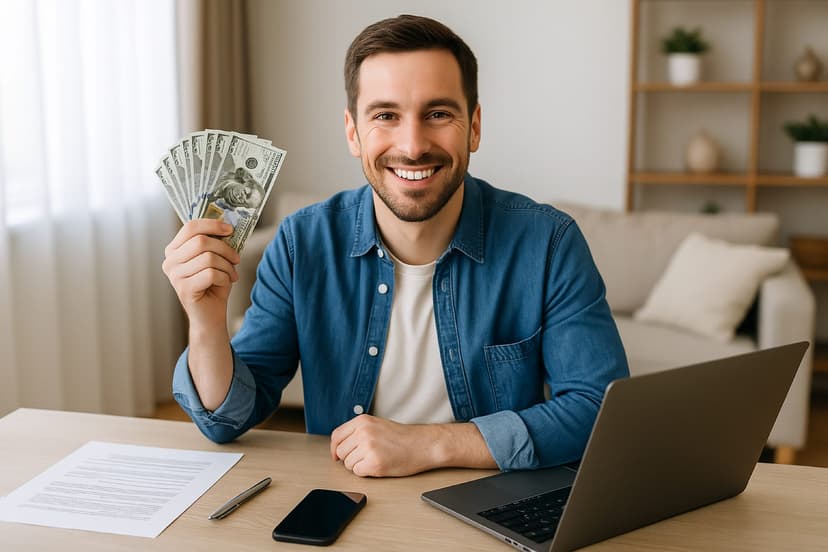Young man with cash and documents at his desk - Ultimate Mortgage helps homeowners complete their cash out refinance process efficiently