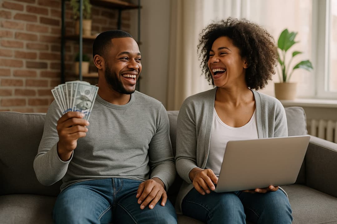 Happy couple with cash and laptop discussing their cash out refinance options - Ultimate Mortgage helps homeowners understand qualification requirements