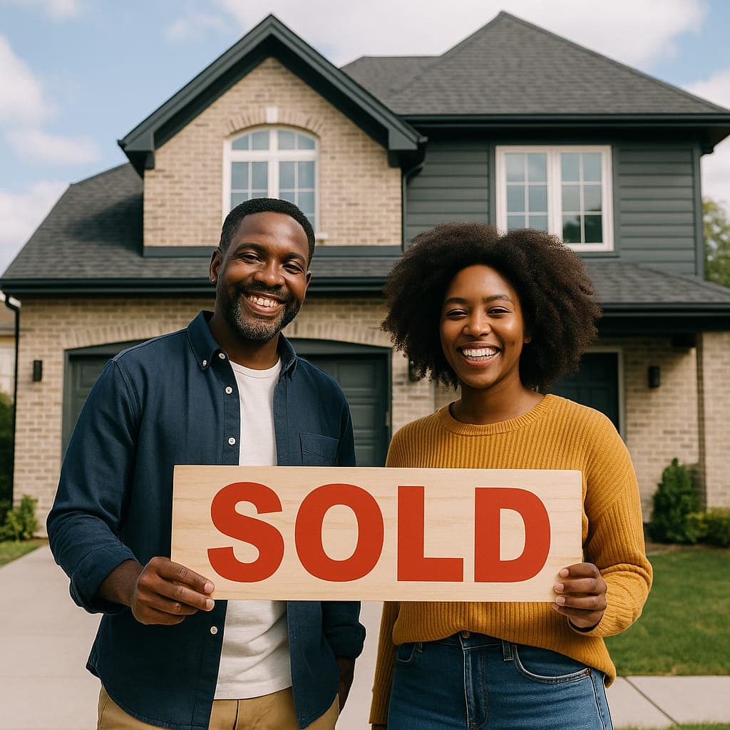Happy couple holding SOLD sign in front of their new luxury home - successful jumbo loan home purchase