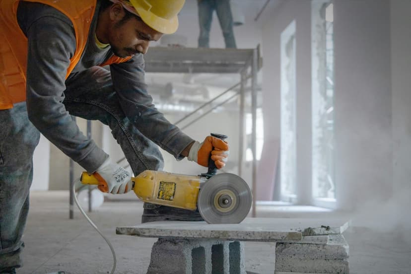 Construction worker using angle grinder on construction site - professional construction work in progress for one time close construction loans in Columbus Ohio
