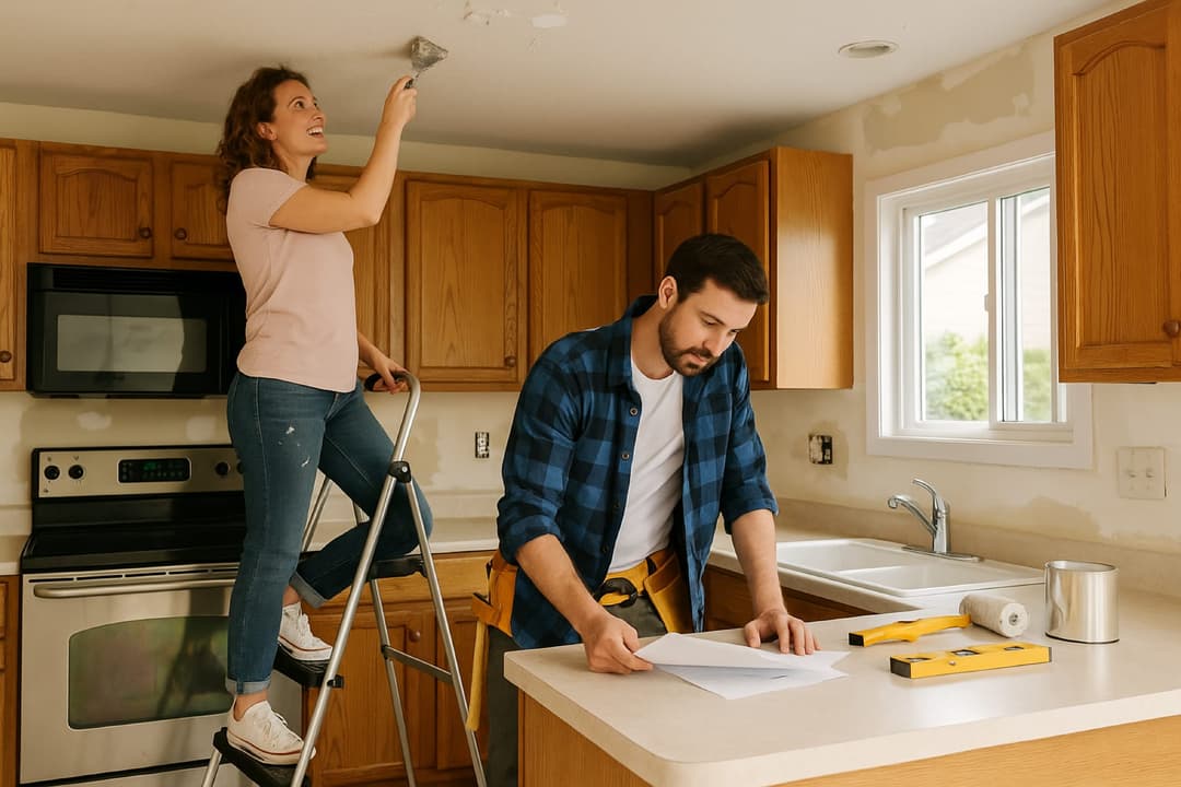 Couple actively working on kitchen renovation project - homeowners collaborating on home improvement in Columbus Ohio
