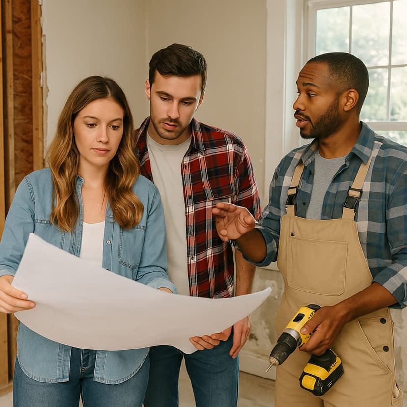 Homeowners consulting with contractor about renovation plans - Columbus Ohio renovation loan process
