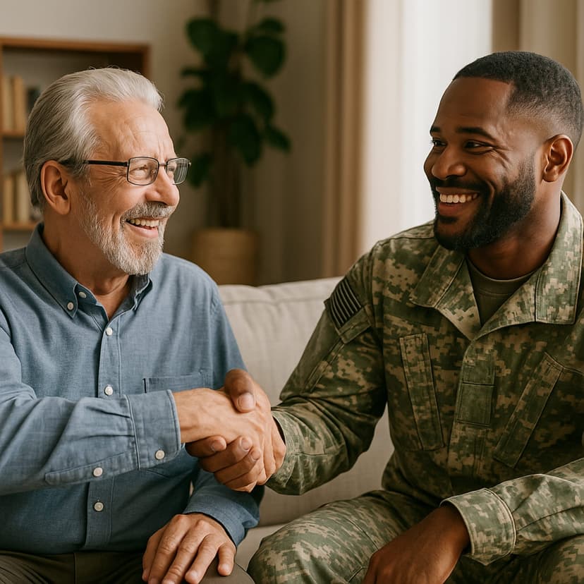 Veteran in military uniform shaking hands with mortgage professional - Ultimate Mortgage provides trusted VA IRRRL refinancing services for veterans