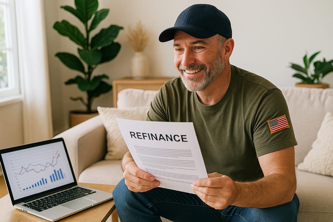 Veteran with American flag patch reviewing refinance documents and financial charts - Ultimate Mortgage helps veterans understand VA IRRRL requirements and benefits